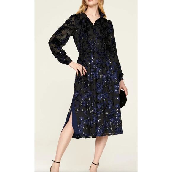Adam Lippes Collective RTR Velvet Embroidered Black Navy Midi Dress Sz 6 Floral - Picture 1 of 13